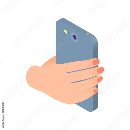 Female hand holds phone icon in cartoon style isolated on white background. Device symbol