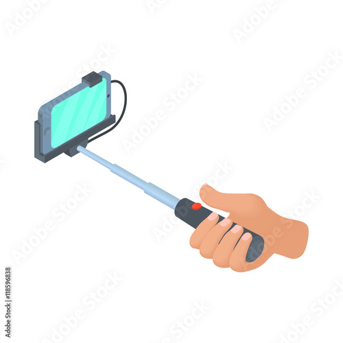 Hand holding selfie stick with phone icon in cartoon style isolated on white background. Device symbol