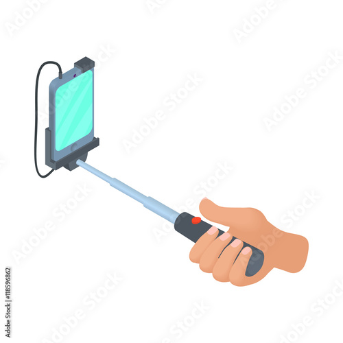 Hands holding selfie stick with smartphone icon in cartoon style isolated on white background. Device symbol