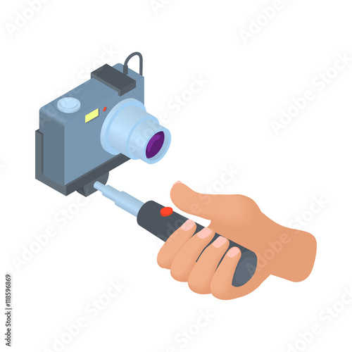 Hand holding selfie stick with camera icon in cartoon style isolated on white background. Device symbol