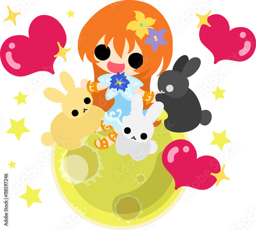 A cute little girl and rabbits on the moon