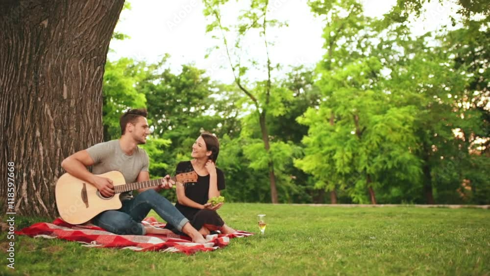 Young beautiful couple smiling, resting in park. Man playing guitar. Slow motion. Young beautiful couple smiling, resting in park. Man playing guitar. Slow motion.
