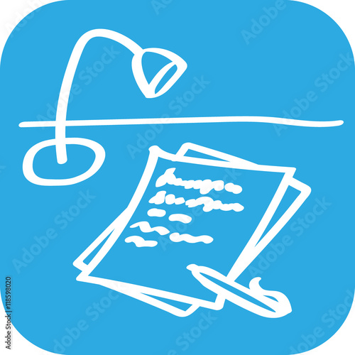 Handgezeichnetes Schreibtisch-Icon auf blauem Hintergrund