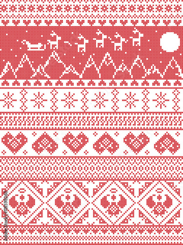 Scandinavian Printed Textile  style and inspired by  Norwegian Christmas and festive winter seamless pattern in cross stitch with Xmas trees, snowflakes, Reindeer, Santa’s Sleigh, hearts,  angels 

