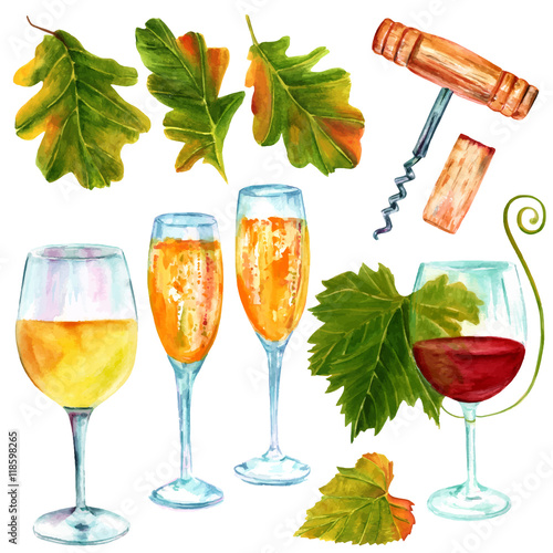 Vector wine set for restaurant menu design; watercolor drawings