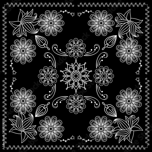 Black and White Bandana Print With Elements Henna Style. Vector illustration