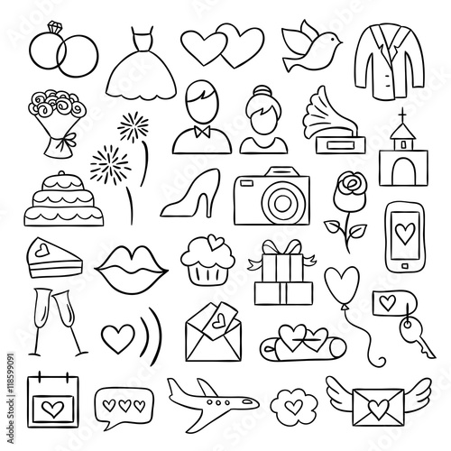 Wedding doodle icons. Hand drawn wedding and marriage illustrations. Bride, groom, love, party, honeymoon