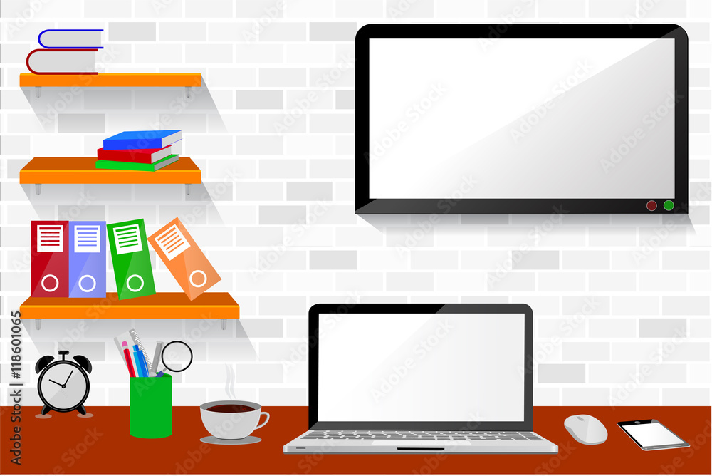 Office Room, with hanging shelf, and LED or LCD TV at white brick wall
Office Room, with hanging shelf, and LED or LCD TV at white brick wall