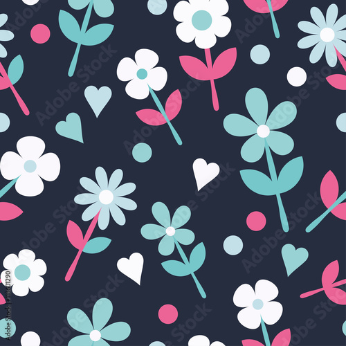Seamless pattern with decorative flowers and polka dots. Print. Cloth design, wallpaper.