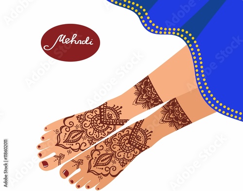 legs with mehendi patterns. Vector illustration for a yoga studio, tattoo, spas, postcards, souvenirs. Indian traditional lifestyle.