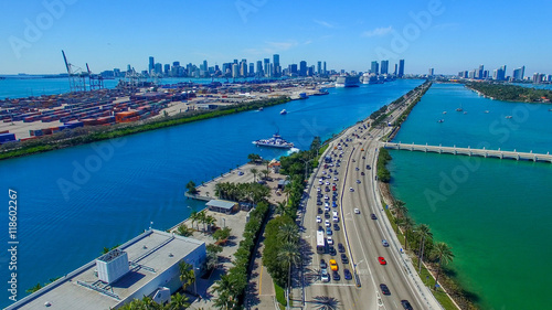 Traffic along MacArthur Causeway  aerial view of Miami