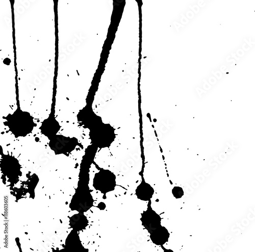 Ink splash, strokes and stains background. Paint splatter. Black blots on white. Abstract black and white vector illustration. Grunge template. 