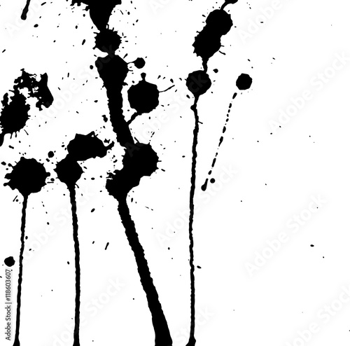 Ink splash, strokes and stains background. Paint splatter. Black blots on white. Abstract black and white vector illustration. Grunge template. 