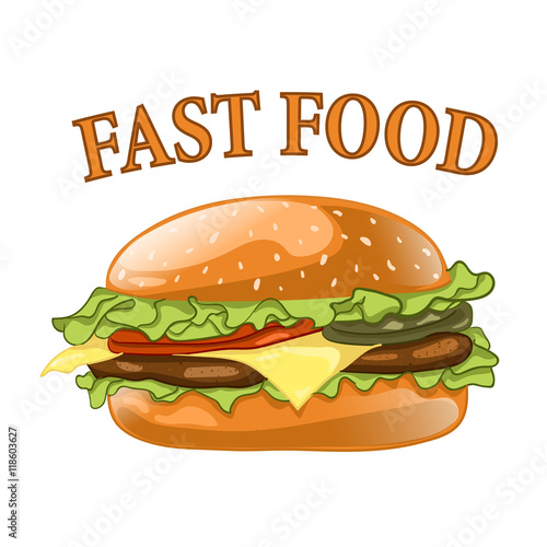 Burger isolated on white background. Cheeseburger vector illustration. Hamburger icon. Fast food concept. 