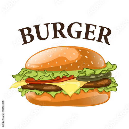 Burger isolated on white background. Cheeseburger vector illustration. Hamburger icon. Fast food concept. 