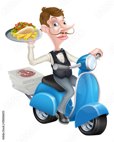 Cartoon Waiter on Scooter Moped Delivering Kebab