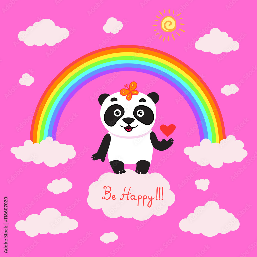 Cute panda holding a heart on a cloud under a rainbow on a pink background.  Vector illustration. Greeting card Stock Vector | Adobe Stock