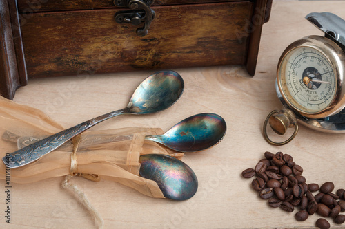 still life, antique copper spoon, old time, three, hand pocket barometer