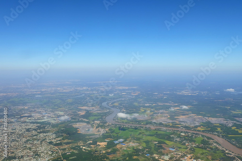 aerial view, clear blue sky above the city