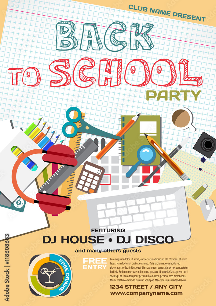 Obraz premium Vector school party invitation disco style. Meeting of graduates