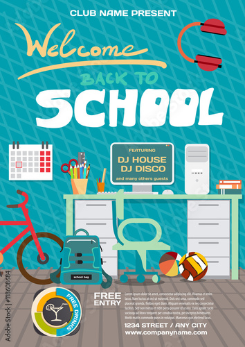 Vector school party invitation disco style. Meeting of graduates