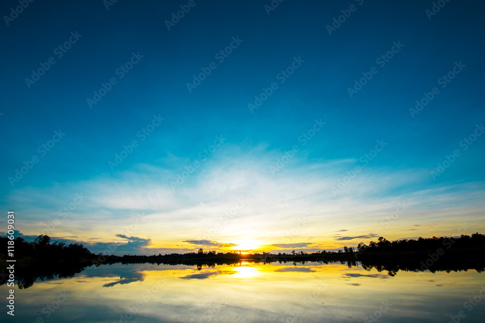 Breathtaking sunset landscape with clouds effect over lake