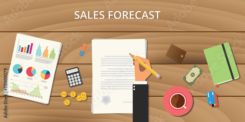 sales forecast illustration with wooden table with graph chart money paper document and business man sign