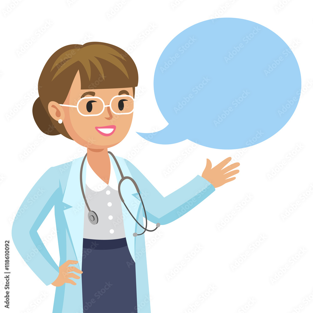 Smiling doctor with speech bubble. Happy physician. Vector Smiling doctor with speech bubble. Happy physician. Vector
