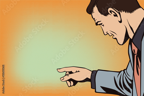 People in retro style pop. Businessman points finger.