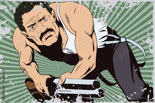 People in retro style. Man with shotgun.