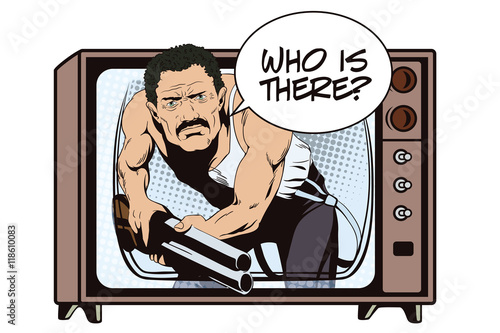 People in retro style. Man with shotgun.