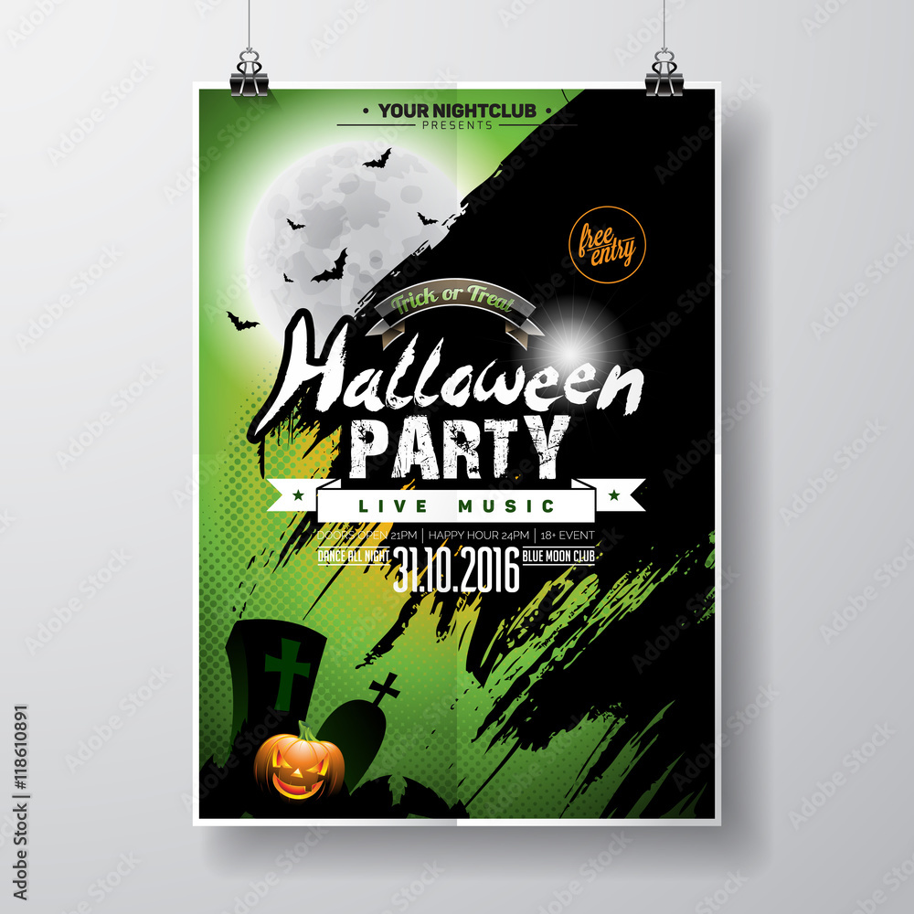 Vector Halloween Party Flyer Design with typographic elements and pumpkin on green background. Graves, bats and moon. - obrazy, fototapety, plakaty 