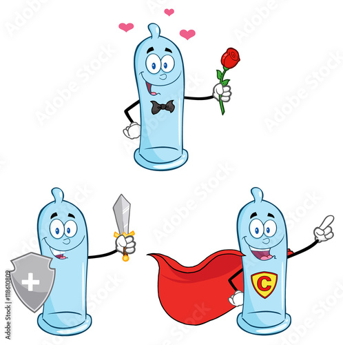 Blue Condom Cartoon Mascot Character 6. Collection Set