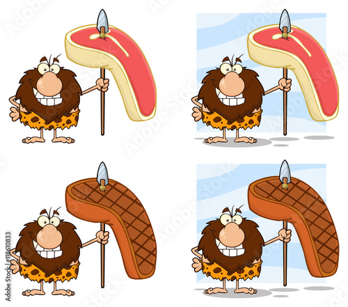 Funny Male Caveman Cartoon Mascot Character 5. Collection Set