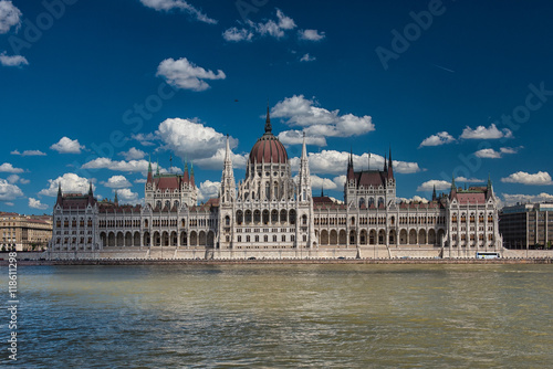 The famous Hungarian Parliament in Hungary with blue sky and clouds