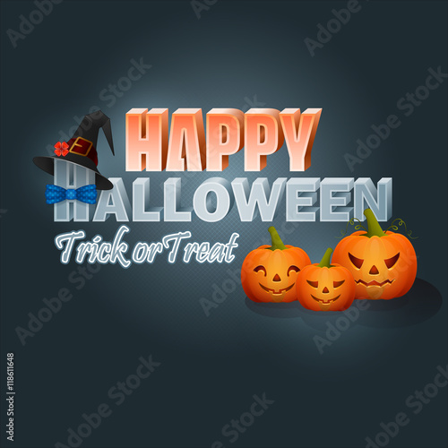 Holiday, design background with pumpkins, stylized 3d text and witch's hat for Halloween, event celebration