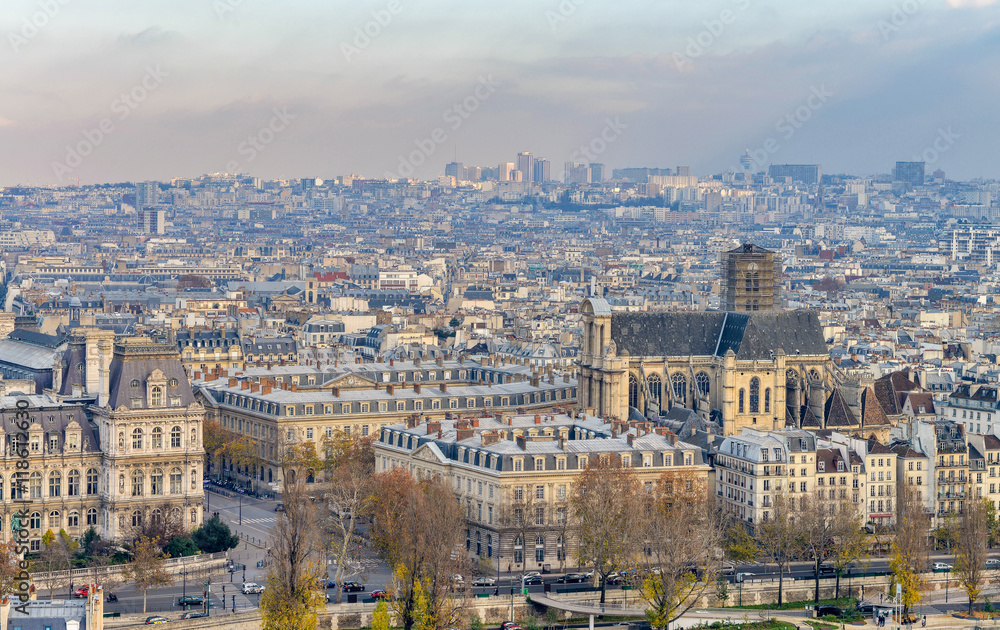 Paris, aerial city skyline
