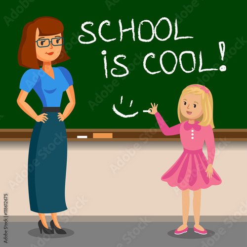 Teacher and schoolgirl writing on chalk board. Back to school. 