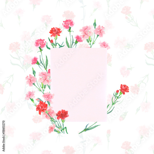 Floral frame with pink blank card, carnation, red and pink flowers, on white background, watercolor painting, vintage