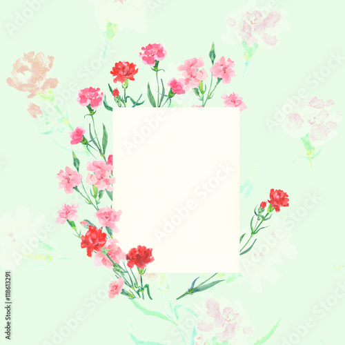 Floral frame with yellow blank card, carnation, red and pink flowers, on green background, watercolor painting, vintage