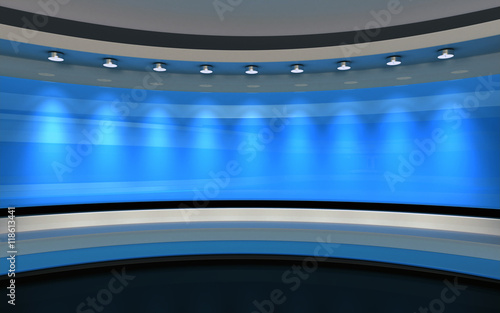 Blue Studio. Blue wall with light. Blue background. Blue back drop. 3d rendering