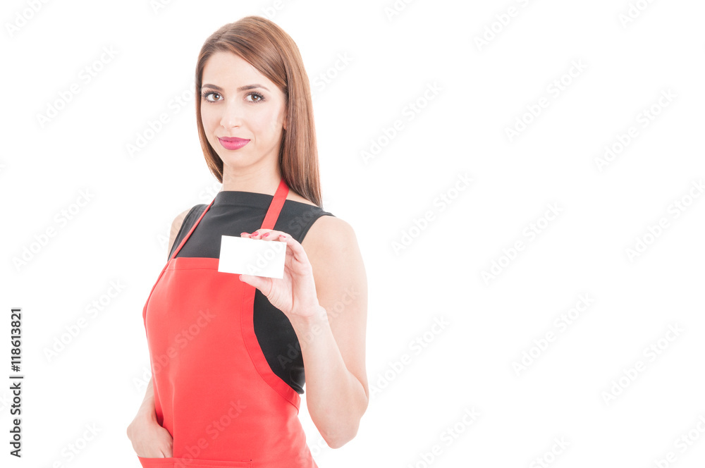 Pretty employee showing empty business card Pretty employee showing empty business card