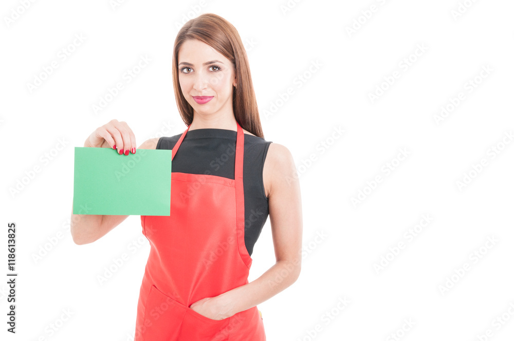 Pretty supermarket seller with blank cardboard Pretty supermarket seller with blank cardboard