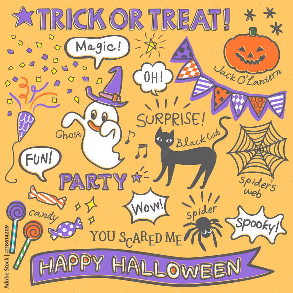 Fototapeta premium ハロウィン 手描き風 素材 セット