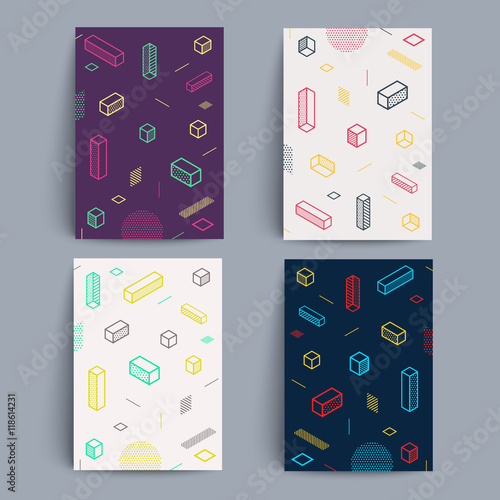 Minimalistic backgrounds set. Simple isometric shapes composition. Eps10 vector template. Applicable for Covers, Placards, Posters, Flyers and Banner Designs.