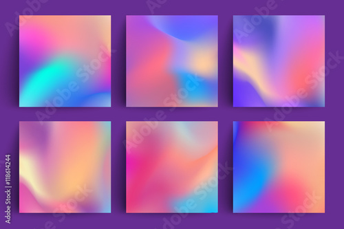 Fluid colors backgrounds set. Holographic effect. Applicable for gift card,cover,poster,brochure,magazine. Vector template.