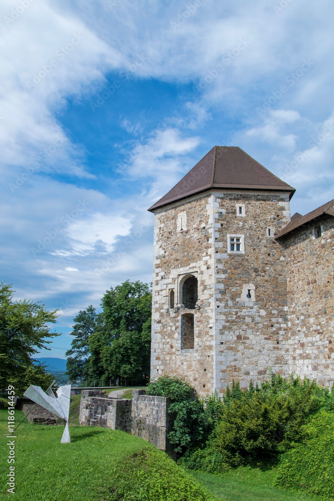 Front of the Ljubljana Castle with statue in Slovenia