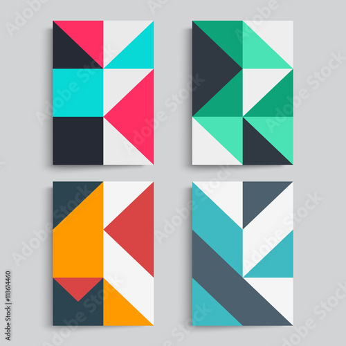 Brochure covers design set. Colorful isometric shapes and lines. A4 format templates for business card,poster,flyer etc.