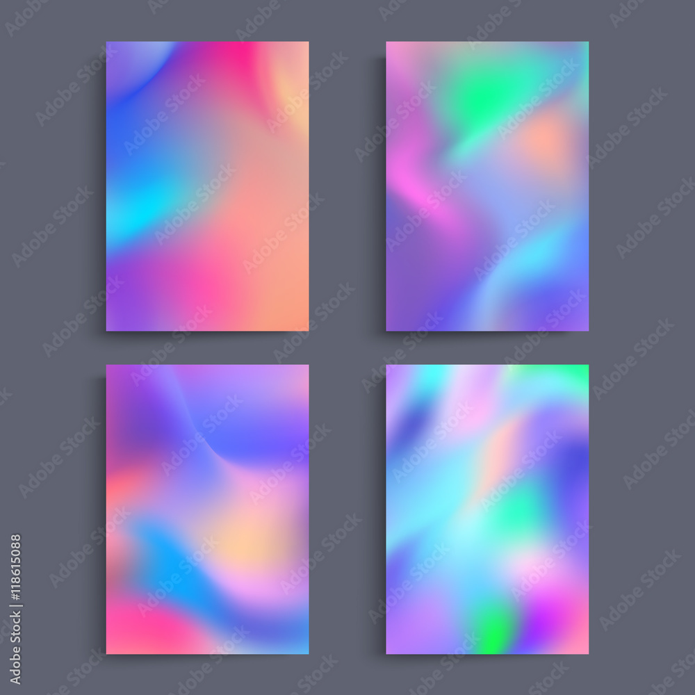 Fluid colors backgrounds set. Holographic effect. Applicable for gift card,cover,poster,brochure,magazine. Vector template.