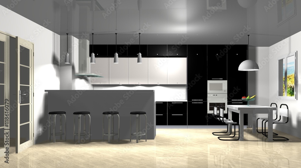 3D rendering interior design black white kitchen 3D rendering interior design black white kitchen